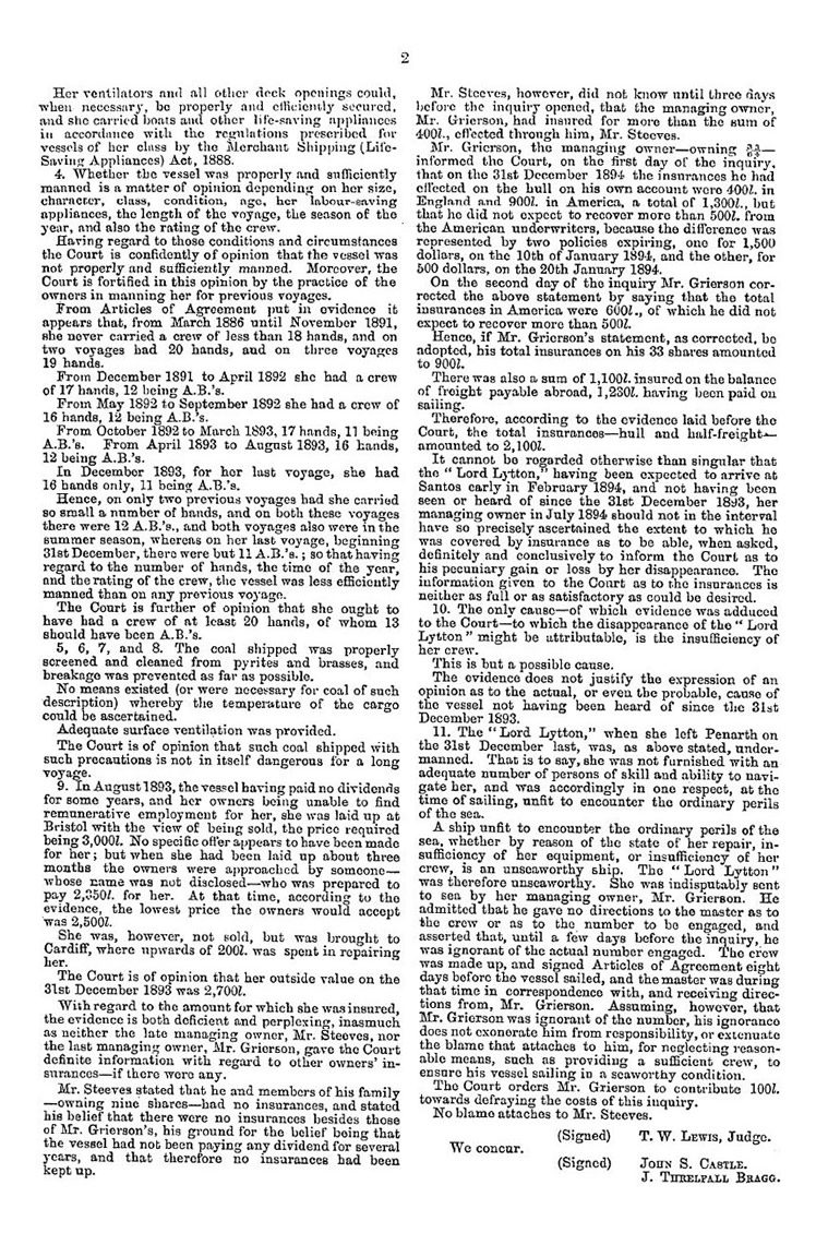 In the formal investigation held at Cardiff, on the 11th, 12th, 13th and 16th days of July 1894 . . . . into the circumstances attending the supposed loss of the british sailing ship " Lord Lytton. " - page 2 of 2.