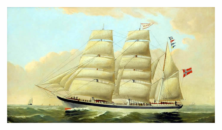 The three masted, barque, 'Kevuka' under the Norwegian ensign.
