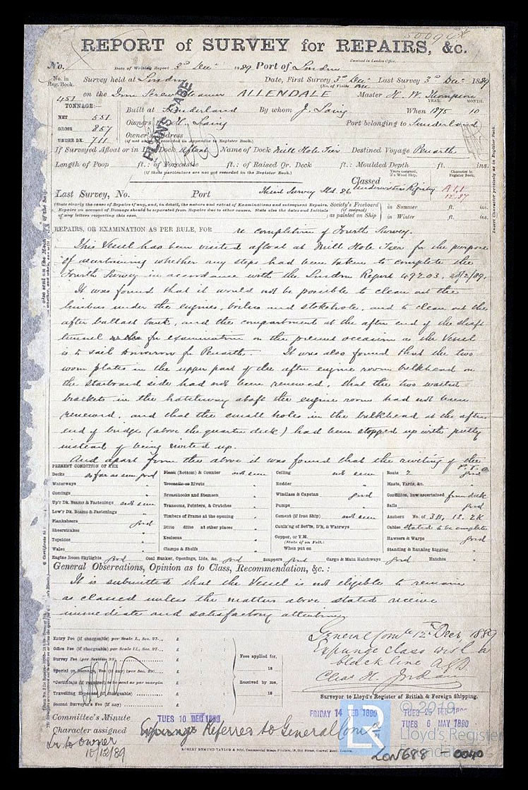 Report of Survey for Repairs, &c for Allendale -3rd December 1889.