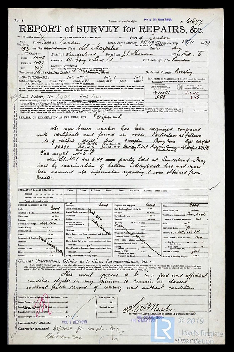 Report of Survey for Repairs, &c for Harpalus - 28th November 1899.