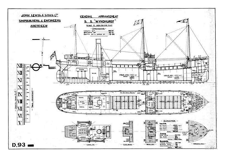 General arrangement, elevation and plan views of the coaster s.s. 'Wyndhurst' built in 1917 by John Lewis & Sons Limited, Shipbuilders & Engineers of Aberdeen.