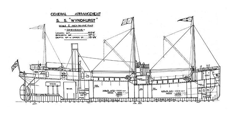 General arrangement, elevation and plan views of the coaster s.s. 'Wyndhurst' built in 1917 by John Lewis & Sons Limited, Shipbuilders & Engineers of Aberdeen.