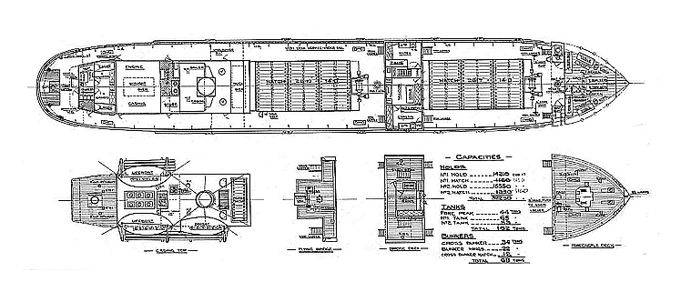 General arrangement, elevation and plan views of the coaster s.s. 'Wyndhurst' built in 1917 by John Lewis & Sons Limited, Shipbuilders & Engineers of Aberdeen.
