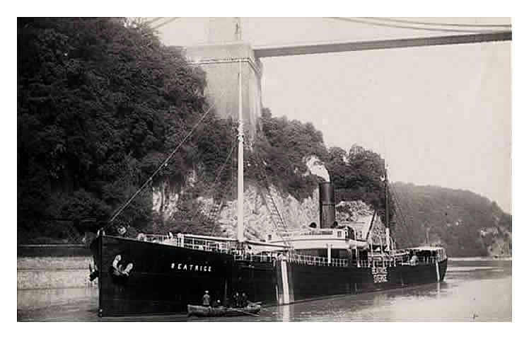 s.s. 'Beatrice' passing under the Clifton suspension bridge in the River Avon.
