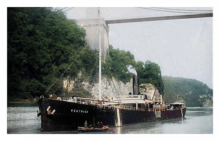 s.s. 'Beatrice' passing under the Clifton suspension bridge in the River Avon.