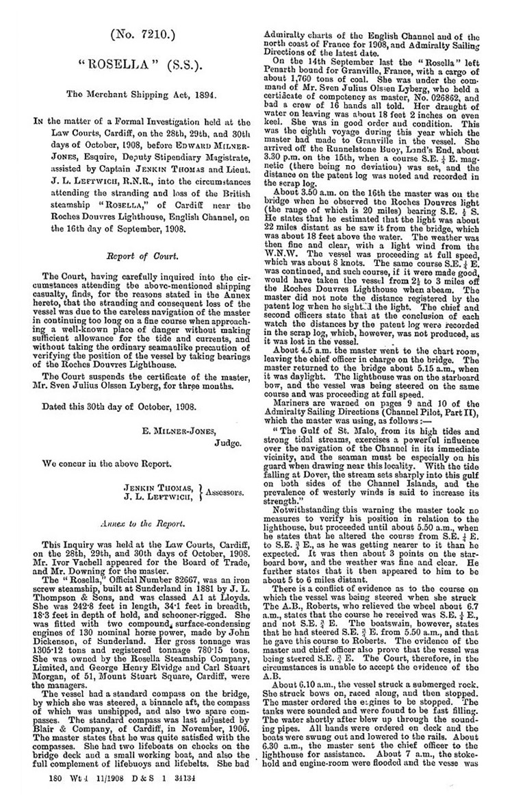 Page 1 of 2 - Board of Trade Inquiry into the loss of the s.s. 'Rosella' dated the 30th day of October 1908.