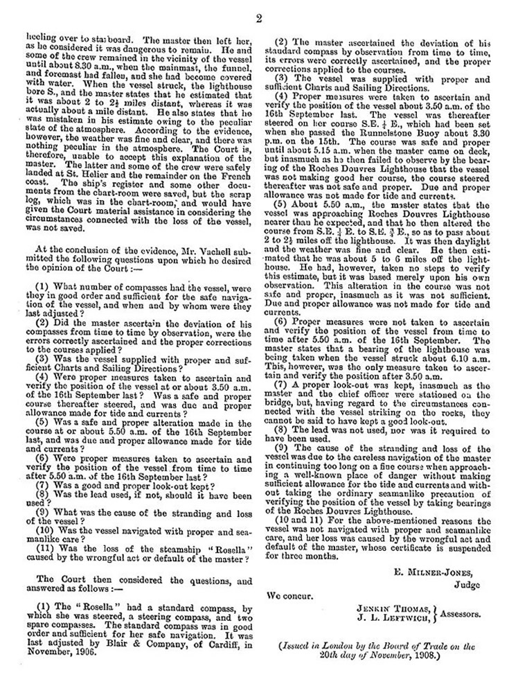 Page 2 of 2 - Board of Trade Inquiry into the loss of the s.s. 'Rosella' dated the 30th day of October 1908.