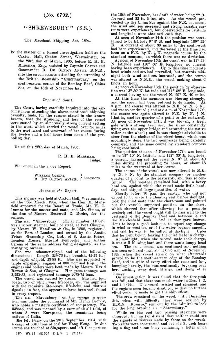 Page 1 of 2 - Board of Trade Inquiry into the loss of the s.s. 'Shrewsbury' dated the 28th Day of March 1905.