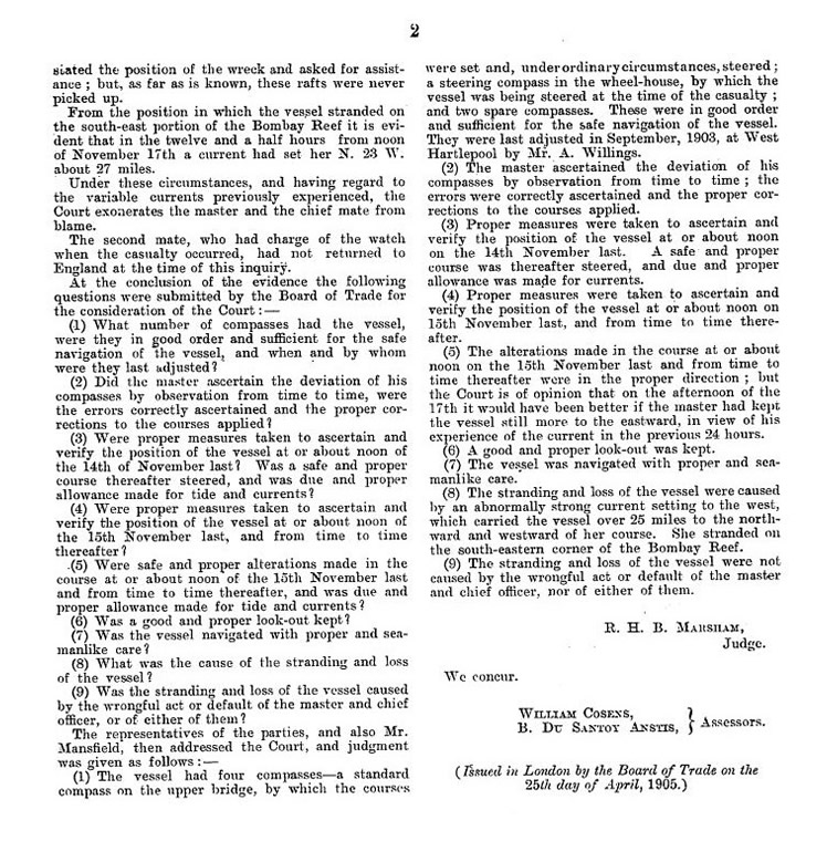 Page 2 of 2 - Board of Trade Inquiry into the loss of the s.s. 'Shrewsbury' dated the 28th Day of March 1905.