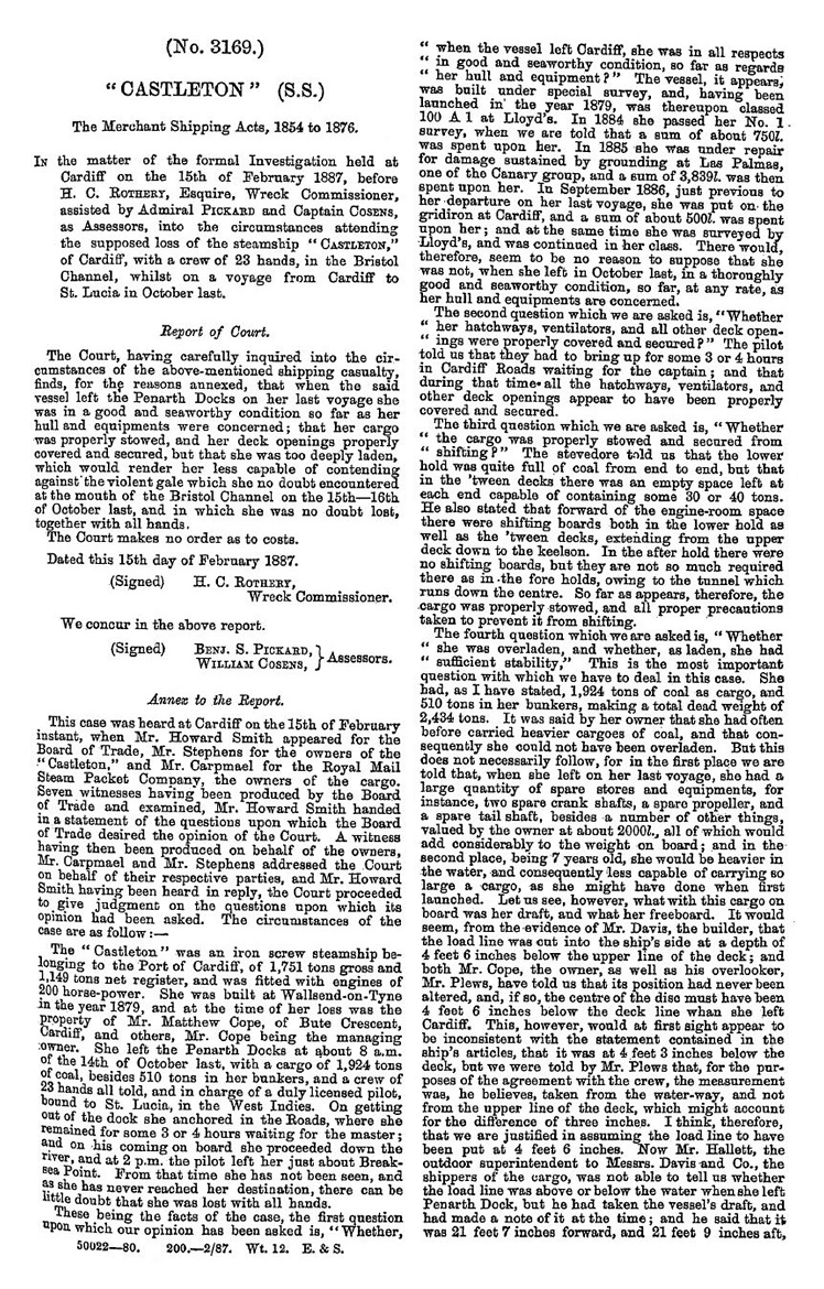 s.s. 'Castleton' - The Board of Trade Inquiry Report.