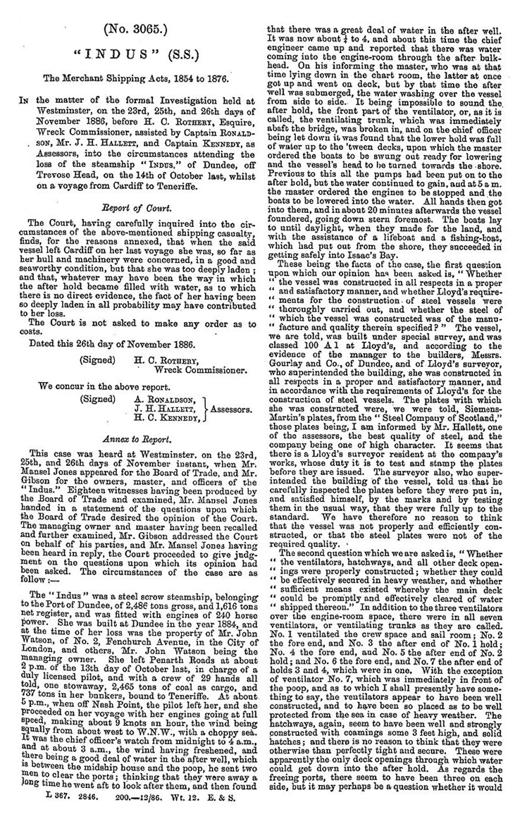 1886 - s.s. 'Indus'.