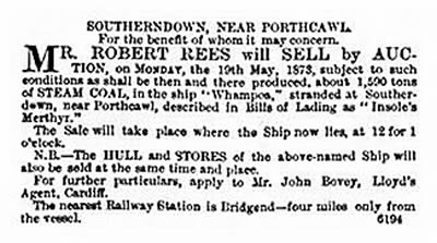 May 1873 - An advertisement for the Auction of about 1,500 tons of Insole's Merthyr steam coa, the hull and stores,l from the ship 'Whampoa'.