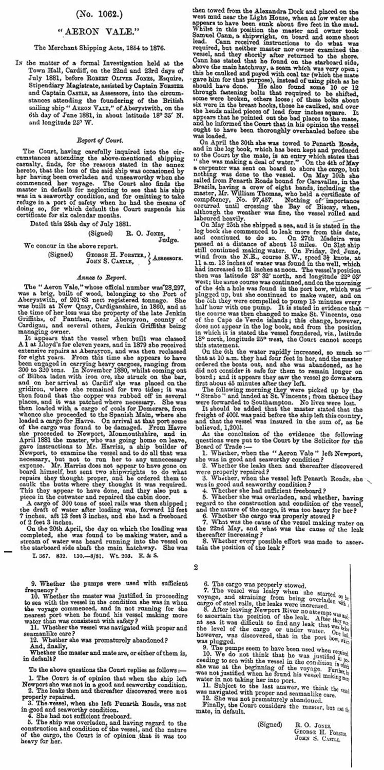 1881 - The enquiry into the loss of the brig 'Aeron Vale'.