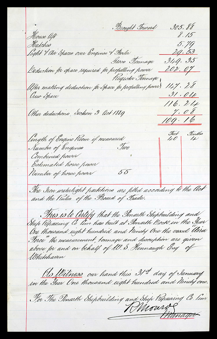 1891 - Builder's Certificate - Page 2 of 2 - Penarth Shipbuilding and Ship Repairing Company, Limited.