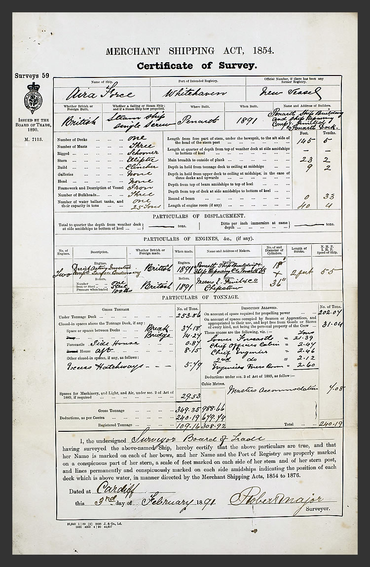 The Surveyor's Report for a new vessel as issued at Cardiff by the Board of Trade following inspection of the s.s. 'Aira Force' by Robert Major, surveyor, on the 3rd February 1891.