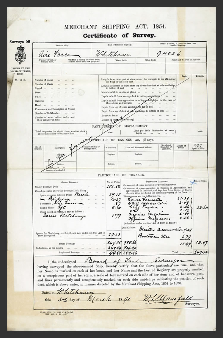 The Certificate of Survey of the s.s. 'Aira Force', being a requirement under the Merchant Shipping Act of 1854.