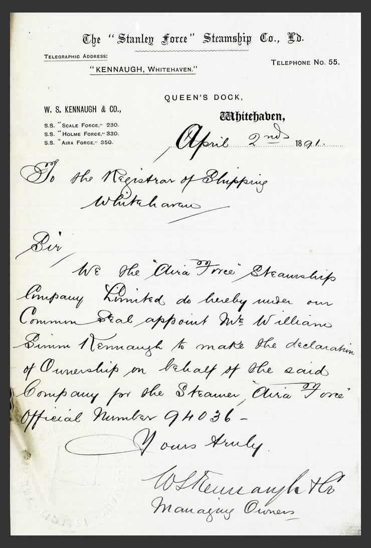 1891 - s.s. 'Aira Force' - A similar letter to that above dated 2nd April 1891 To the Registrar of Shipping at Whitehaven on headed paper of The " Stanley Force " Steamship Company Limited.