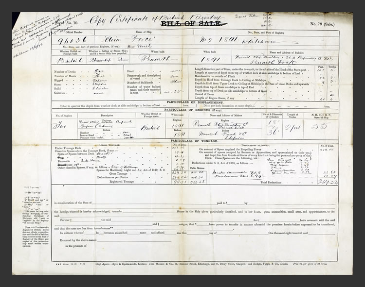 1892 - s.s. 'Aira Force' - Copy Certificate of British Registry.