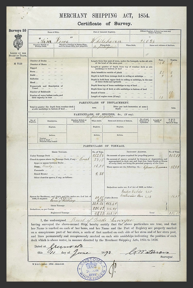 1892 - s.s. 'Aira Force' - A Survey undertaken at Greenock on the 11th June 1892 by a Board of Trade Surveyor.