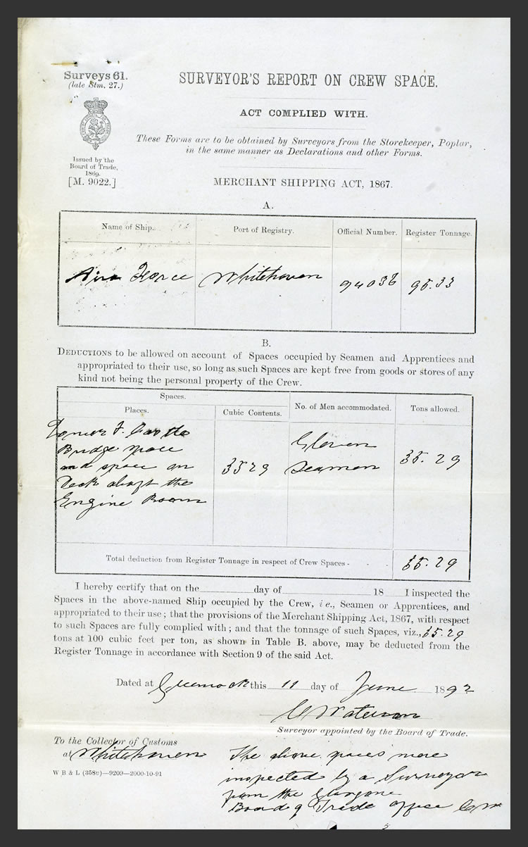 1892 - s.s. 'Aira Force' - A Surveyor's Report on Crew Space - issued by C. Waterson, the Surveyor appointed by the Board of Trade at Greenock, dated 11th June 1892, to the Collector of Customs at Whitehaven. 