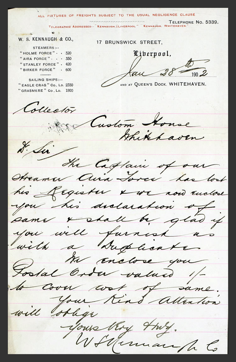 1902 - s.s. 'Aira Force' -&nbsp;A letter also dated 28th January 1902 requesting a new Registry Certificate enclosing a Postal Order for 1/- (5p) to cover cost of same.