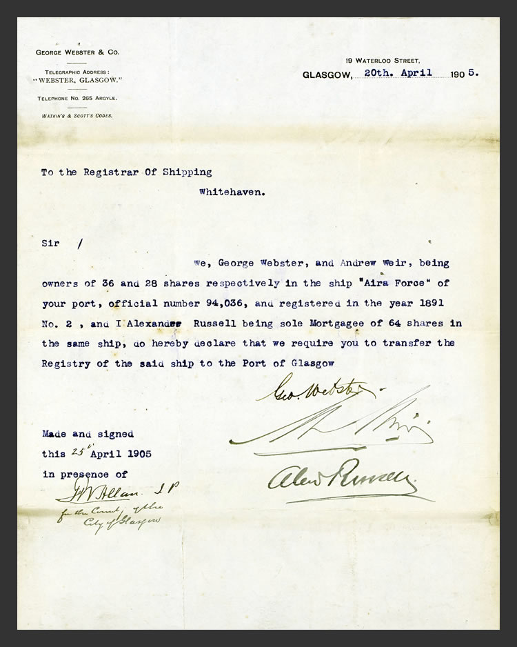 1905 - A letter from George Webster and Andrew Weir of Glasgow requesting transfer of Registry of the s.s. 'Aira Force' from Whitehaven to the Port of Glasgow.