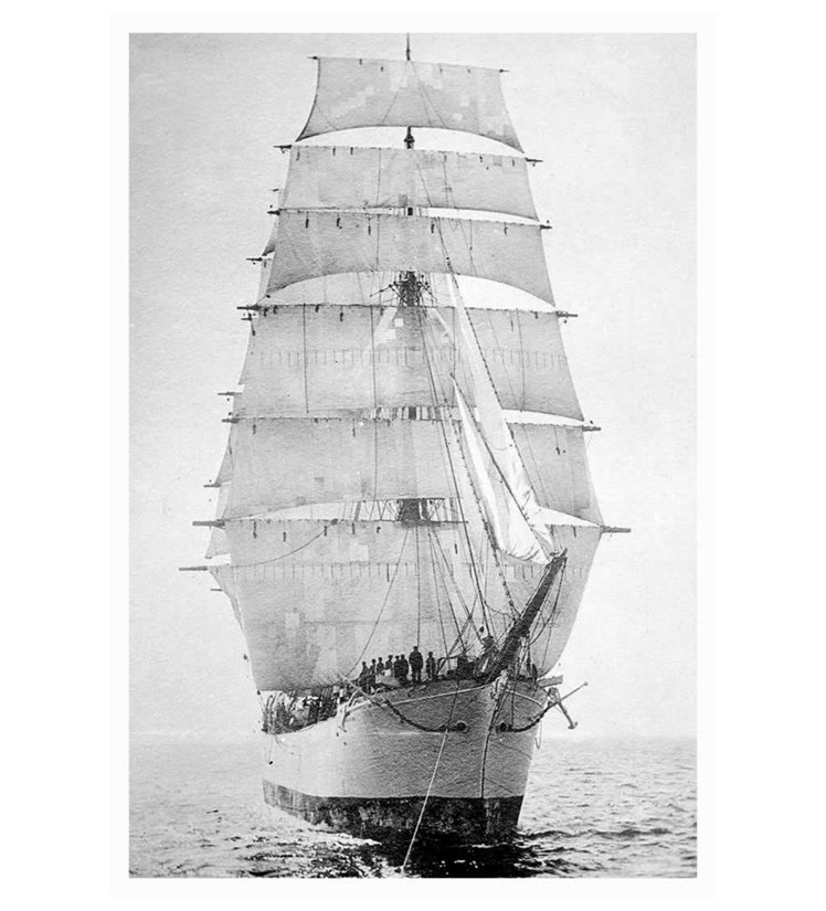 c.1900 - An evocative photograph of the iron-hulled, 3 masted, sailing ship, 'Brynhilda' under tow with her sails raised.