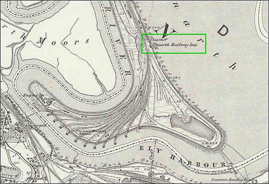 A section of the local OS map surveyed during 1878-79 and published in 1885 showing the location of the Penarth Railway Inn.