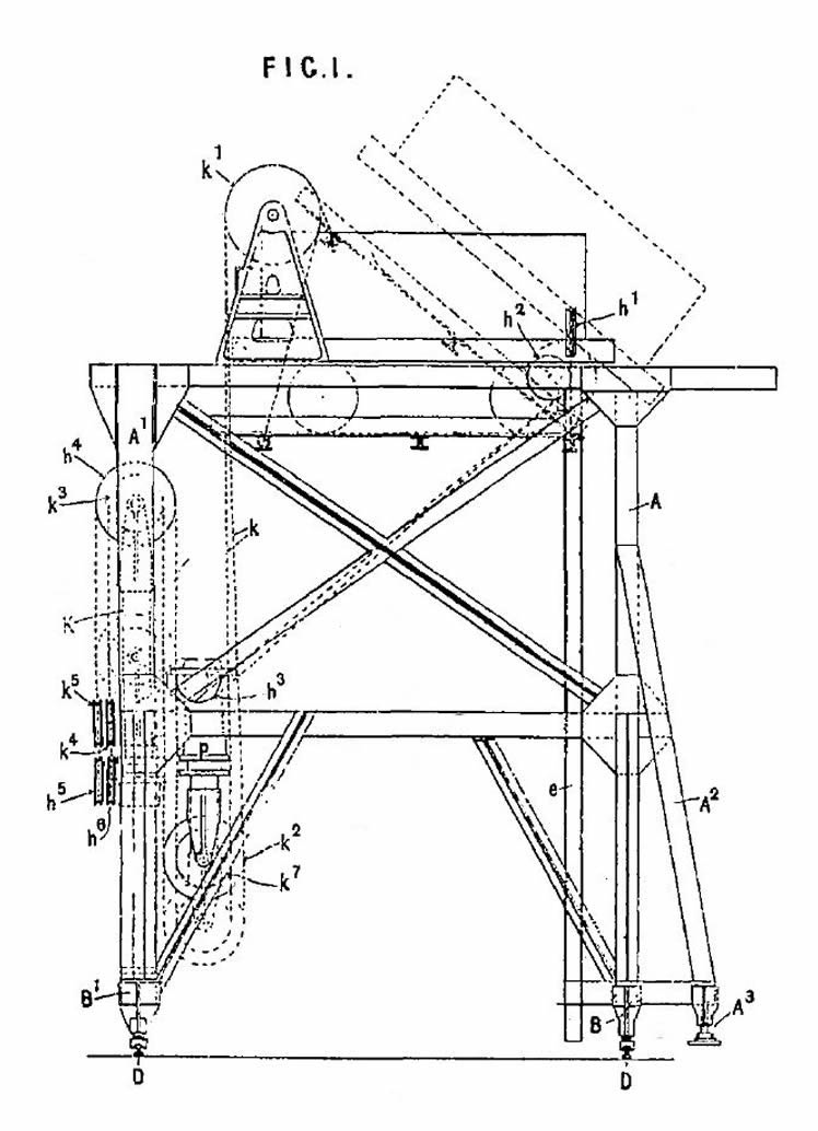 Figure 1 is a side elevation (the platform being up and tilted in dotted lines) 
