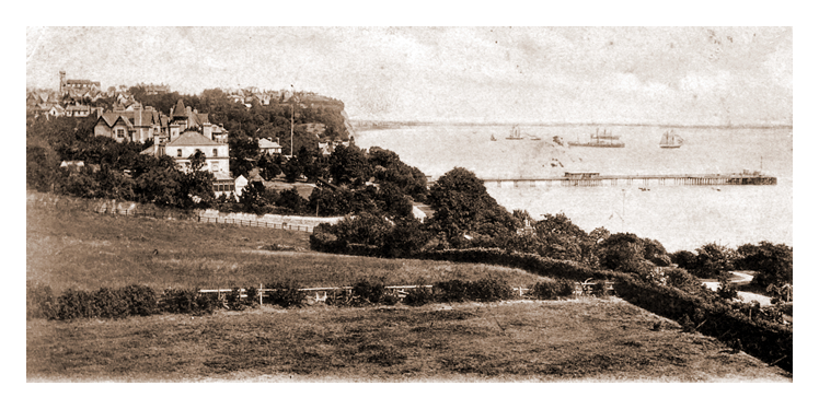 A postcard view taken from the Windsor Gardens of the Severn Sea, the pier, Penarth Head, St. Augustine's church and a few of the millionaires mansions.