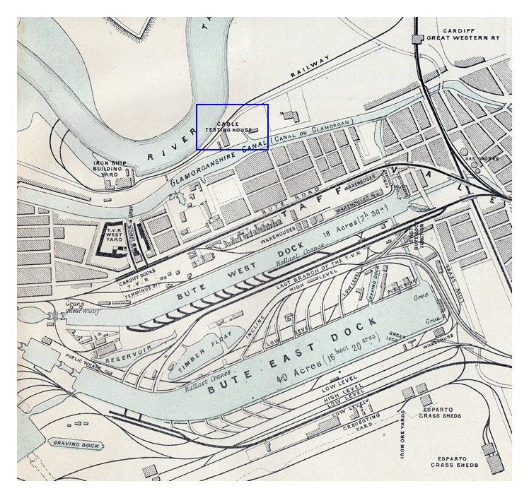 1883 - The location of the 'Cable Testing House' as defined within a plan of Cardiff and Penarth.