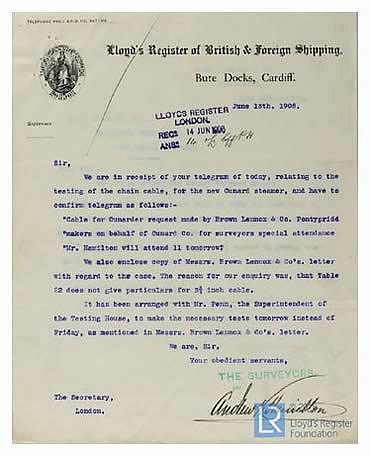 Correspondence relating to the testing of chain cable between the office of the Lloyd's Register of British & Foreign Shipping at the Bute Docks, Cardiff.