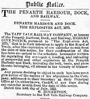 1882 - The South Wales Daily News of 11th July 1882 published this Public Notice together with a detailed Schedule.