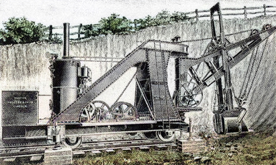 An engraving of a Ruston Proctor & Company Limited, Lincoln, steam navvy at work. 