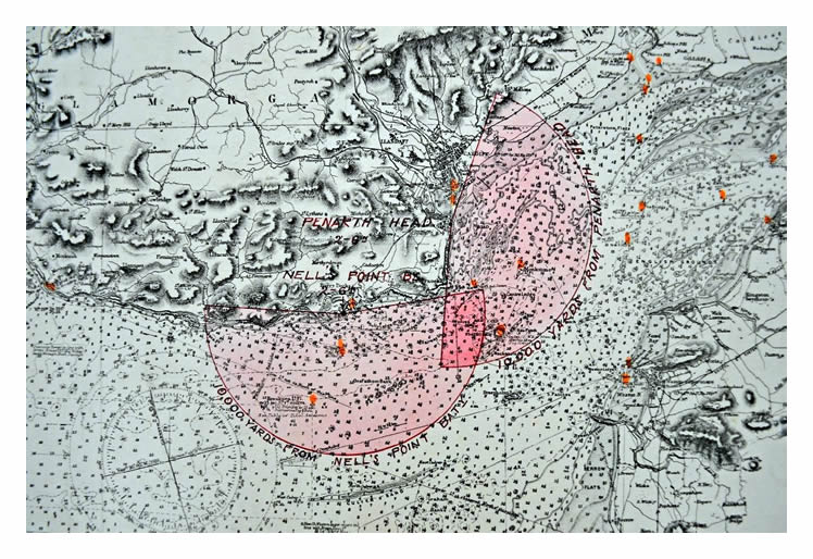 A map illustrating the interlocking fields of fire between two of our local coastal batteries i.e. Penarth Head Fort and Coastal Battery and that situated at Nell's Point, Barry. 