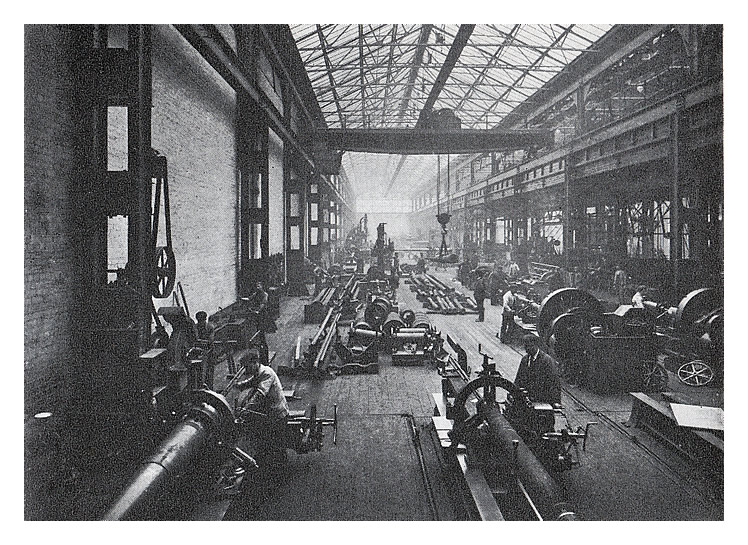 1902 - The East Gun Shop at Vickers' Sheffield works in 1902. In the foreground "jackets" are being fitted to naval medium guns.