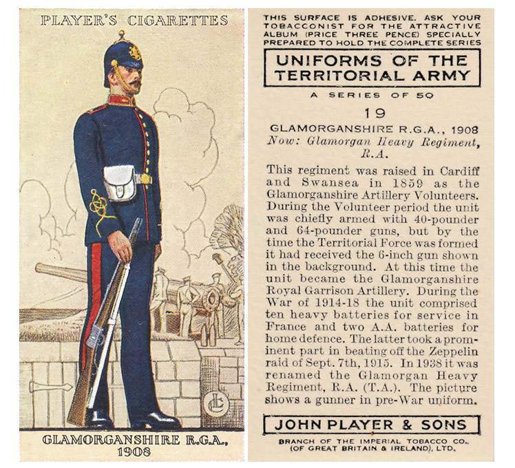 1908 - A John Player & Sons Cigarette Card - Glamorganshire R.G.A. (Royal Garrison Artillery) - A gunner in pre-WWI uniform.