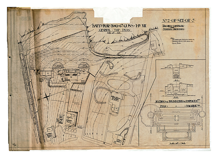 1919 - Seven Defences - Drawing No 2 of Set of 7 - Battery for Two 6" Guns Mk.VII - Record Compiled from Station Drawings - Penarth Head - General Top Plan.