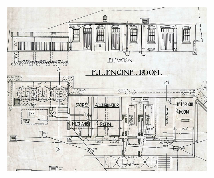 1918 - Seven Defences - Drawing No 4 of Set of 7 - Battery for Two 6" Guns Mk.VII - Record Compiled from Station Drawings - Penarth Head - Plan of Engine Room and Gun Floor Shelter.