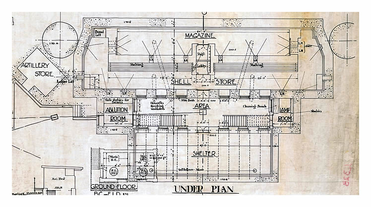 1918 - Seven Defences - Drawing No 4 of Set of 7 - Battery for Two 6" Guns Mk.VII - Record Compiled from Station Drawings - Penarth Head - Plan of Engine Room and Gun Floor Shelter.
