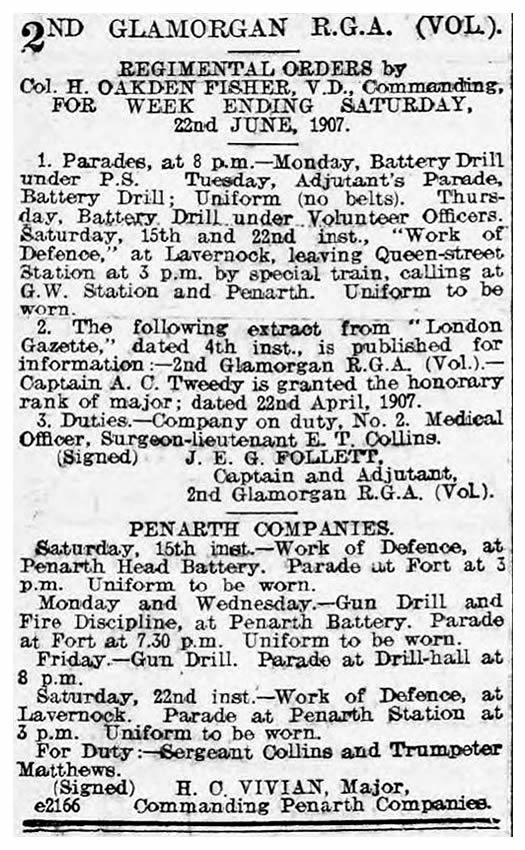 1907 - 2nd Glamorgan R.G.A. (Vol), - Regimental Orders for Week Ending 22nd June 1907 as published within the Evening Express.