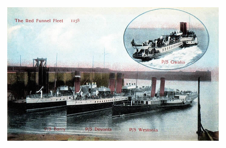 The Red Funnel Fleet - paddle steamers 'Barry,' 'Devonia,'' Westonia' and 'Gwalia'. 