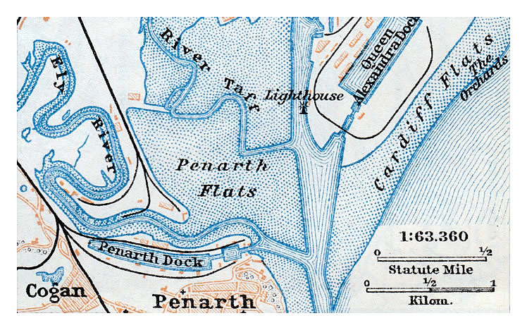 1937 - A map of Cardiff including Penarth Dock taken from 'Great Britiain' by Karl Baedeker. 