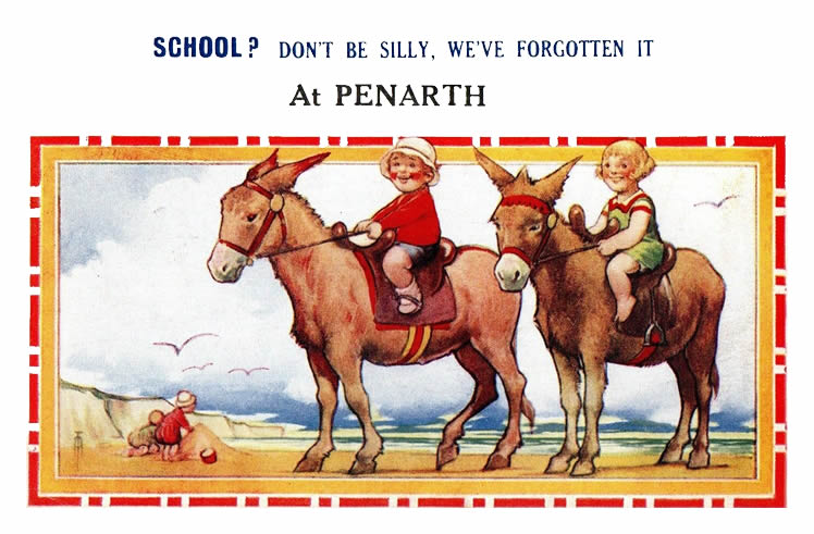 School? Don't be Silly, We've Forgotten It - At Penarth - A 1920's Bamforth & Company Limited "Seaside Comic" Series postcard published in Holmfirth in the West Riding of Yorkshire.