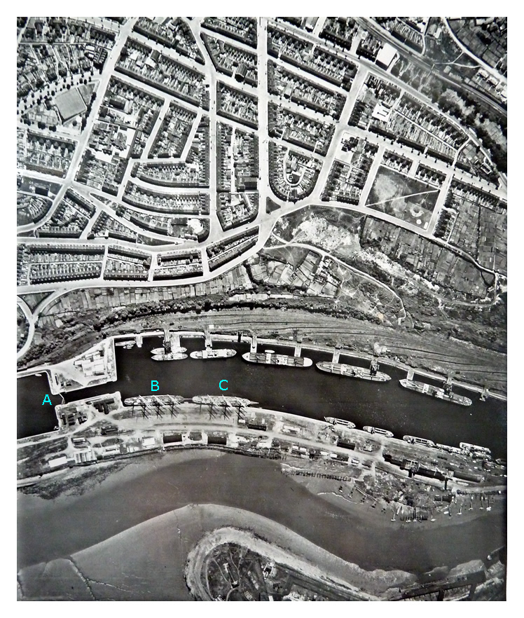 3rd June 1950 - Image 5298 - The east end of Penarth Dock showing the lock gates [A] between the dock and the basin closed. Moored up on the northern quay are two amazing sailing vessels, being 'the last Horners,' and carrying a cargo of grain from Australia. They are being held at the dock awaiting permission to discharge their cargoes.