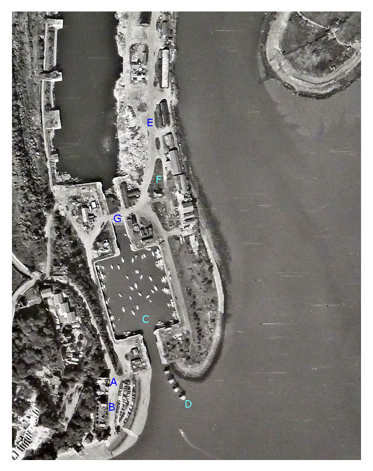 6th July 1971 - Image No. 9 853 - with enlargement - The view of Penarth Head, the Custom House [A] and former Mercantile Marine Offices [B] and the Penarth Dock Basin [C]. 