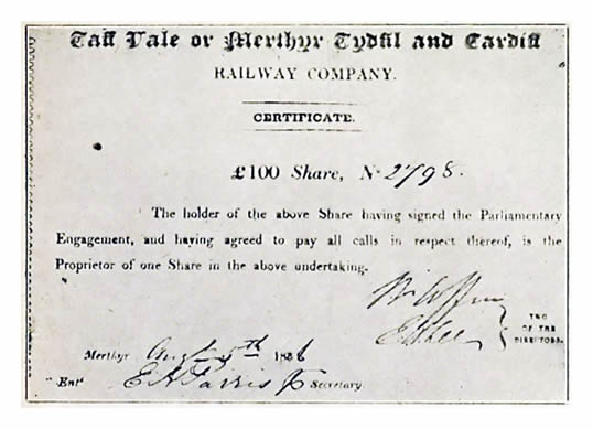 An original Share Certificate of the Taff Vale (or Merthyr Tydfil and Cardiff) Railway.