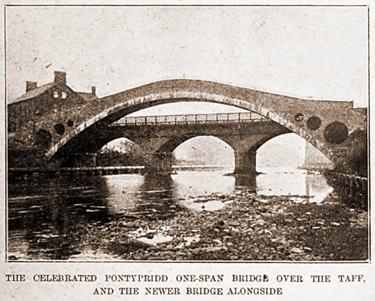 The celebrated Pontypridd one-span bridge over the Taff, and the newer bridge alongside.