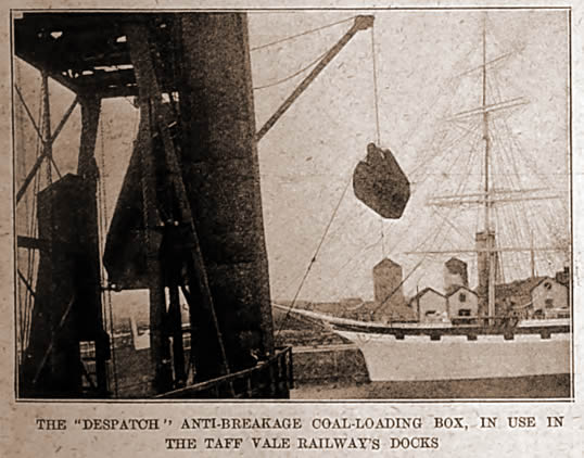 The "Desptach" anti-breakage coal-loading box, in use in the Taff Vale Railway's Docks.