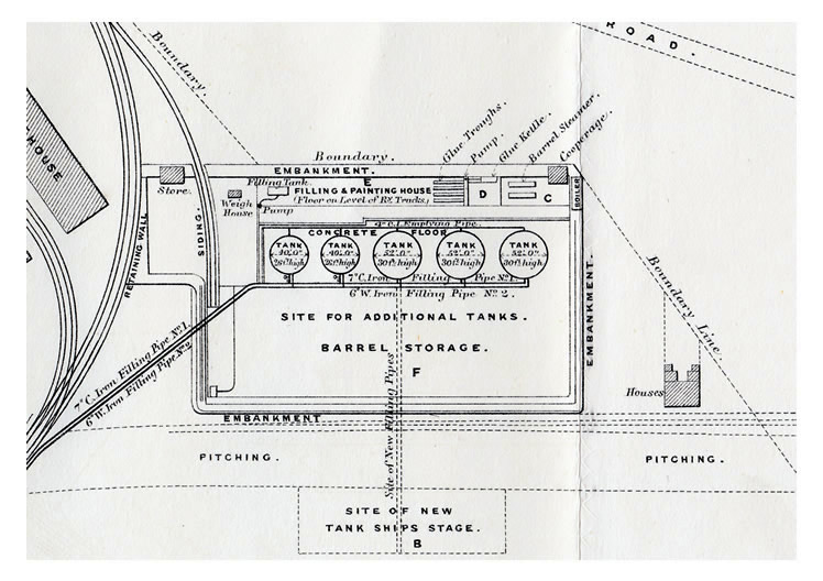 The Petroleum Oil Installation at the Penarth Tidal Harbour. The storage tanks, cooperage, barrel maintenance and filling are indicated.